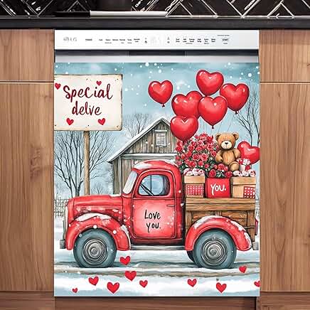 Valentine's Day Red Truck Dishwasher Magnet Cover