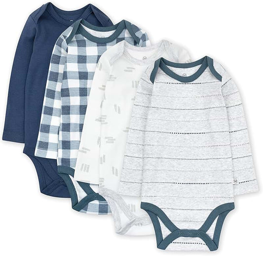 Set of four organic cotton long sleeve baby bodysuits