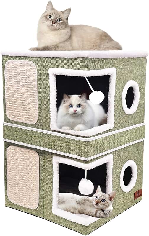 Two-Story Indoor Cat House with Bed and Play Features