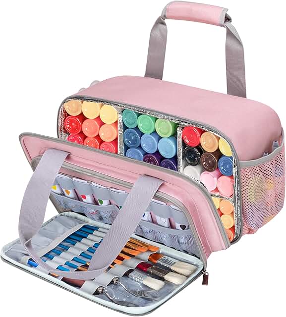 Pink Acrylic Paint Organizer Bag with Handle and Extra Pocket