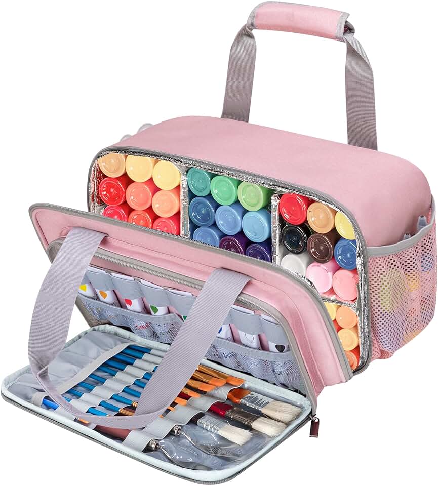 Pink Acrylic Paint Organizer Bag with Handle and Extra Pocket