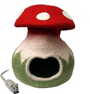 Handmade Wool Felt Cat Cave Bed with Toy
