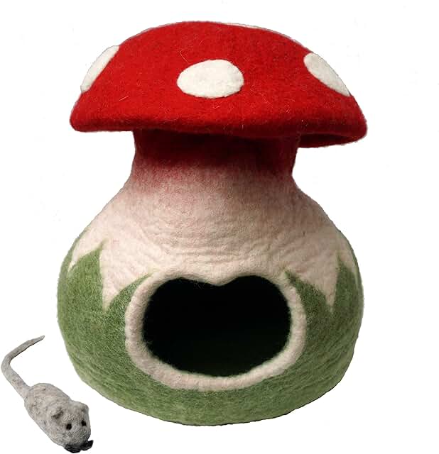 Handmade Wool Felt Cat Cave Bed with Toy