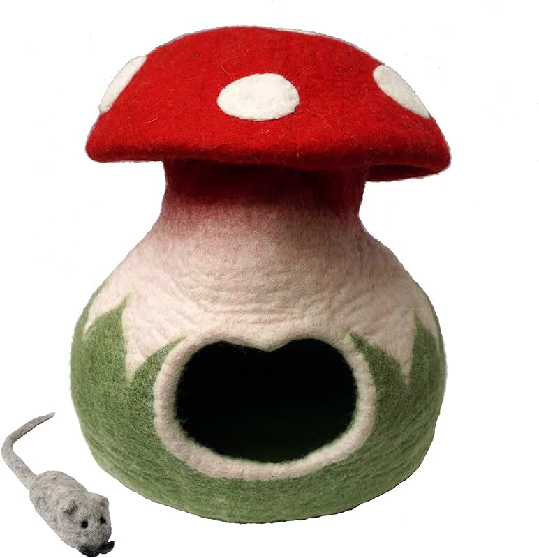Handmade Wool Felt Cat Cave Bed with Toy