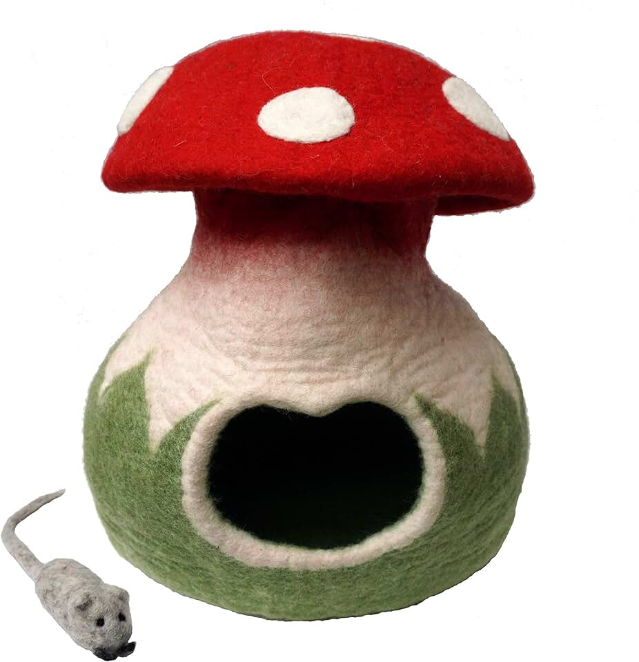 Handmade Wool Felt Cat Cave Bed with Toy