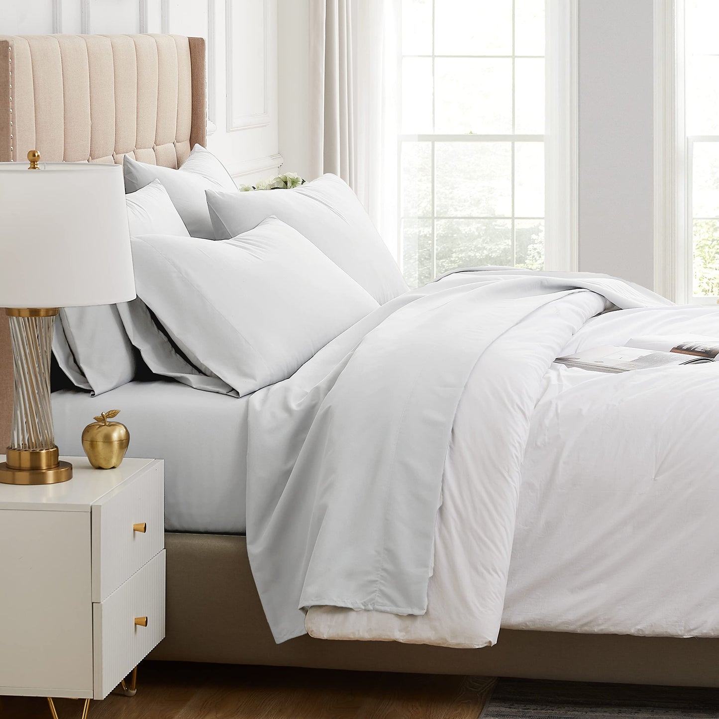 SouthShore Living Inc. 6-Piece, 21-Inch Extra Deep Pocket Sheet Set, Premium Quality, Easy Care, Shrinkage Free Sheet Set with 1 Flat Sheet, 1 Fitted Sheet, 4 Pillowcases, Bright White, Cal King