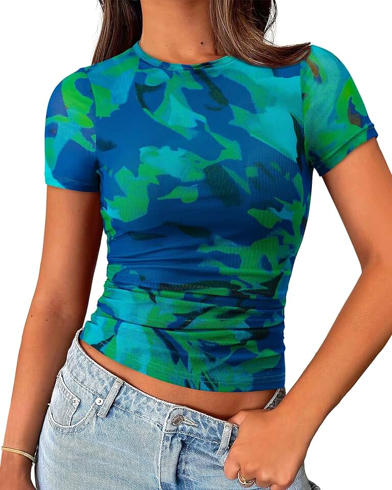Women's Sheer Mesh Summer Short Sleeve Crop Top