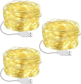 3-Pack 16 ft Warm White USB Fairy Lights for Indoor and Outdoor Use