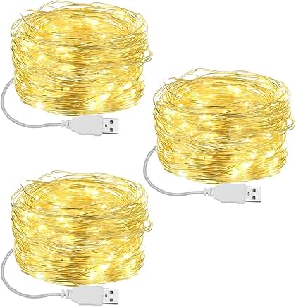 3-Pack 16 ft Warm White USB Fairy Lights for Indoor and Outdoor Use