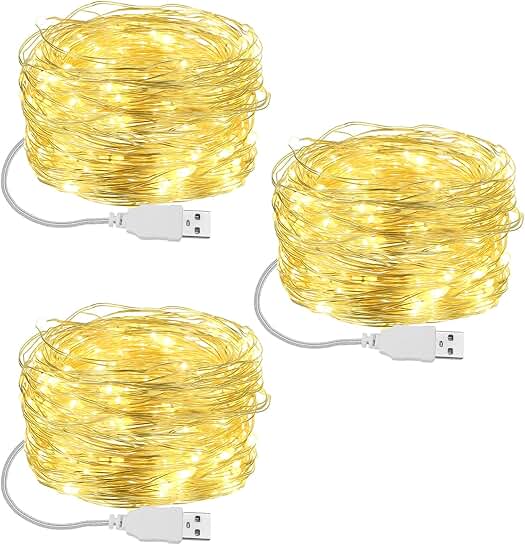 3-Pack 16 ft Warm White USB Fairy Lights for Indoor and Outdoor Use