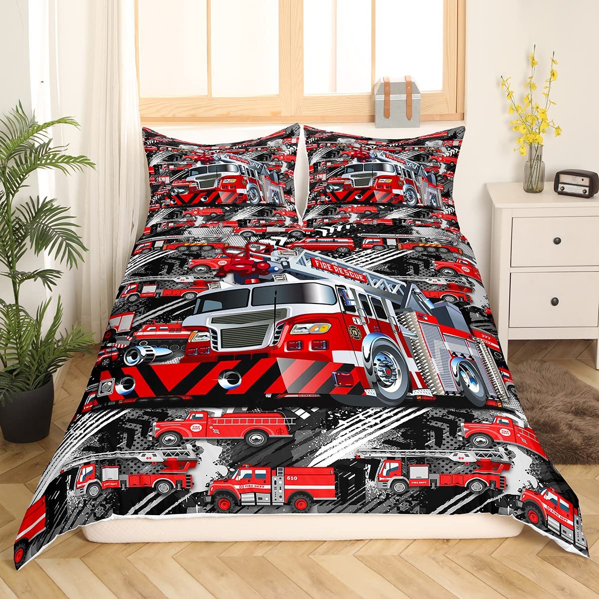 Truck Bedding Set Queen,Red Engine Comforter Cover for Boys Girls,Kids Car Vehicle Print Duvet Cover Set Fighting Truck Bedspread Cover Fashion Teens Bedroom Decor 3 Pcs Bed