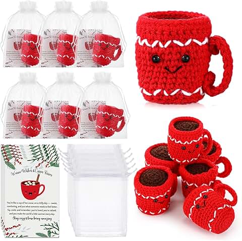 Six Crochet Hot Cocoa Gift Sets with Greeting Cards and Bags