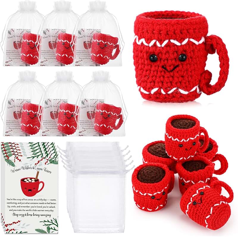 Six Crochet Hot Cocoa Gift Sets with Greeting Cards and Bags