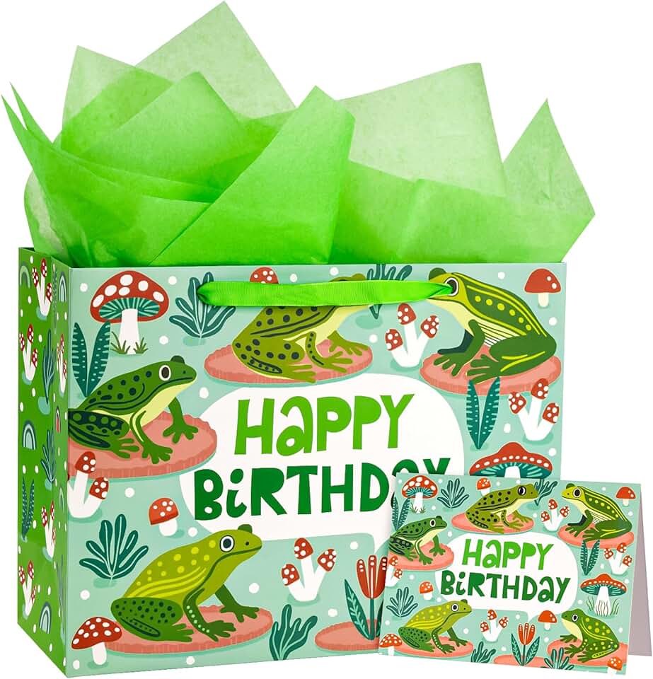 Frog Birthday Gift Bags with Tissue and Card