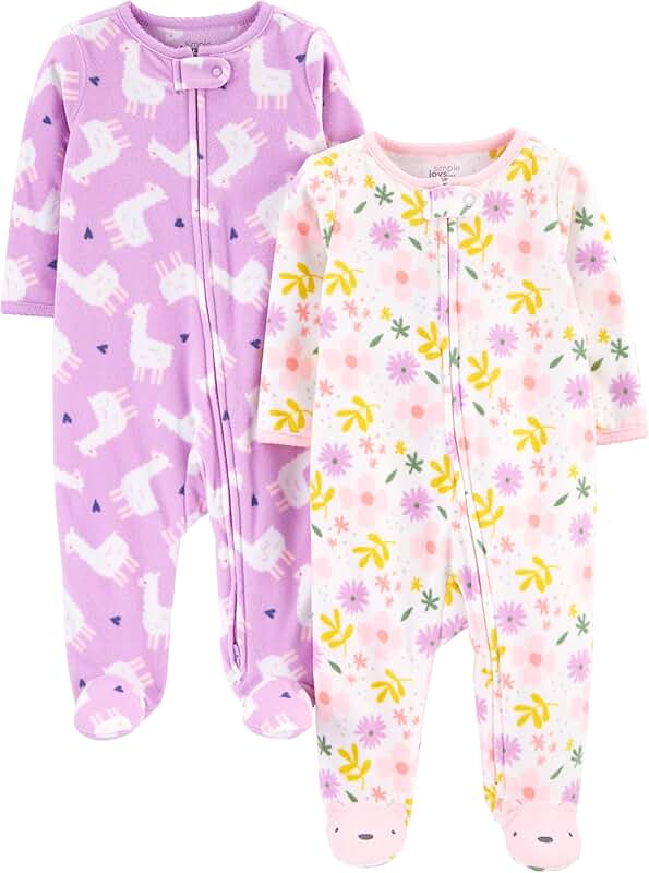 Baby Girls' Cotton and Fleece Footed Sleepwear Pack of 2