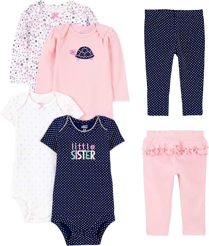 Baby Girls' 6-Piece Bodysuits and Pants Set