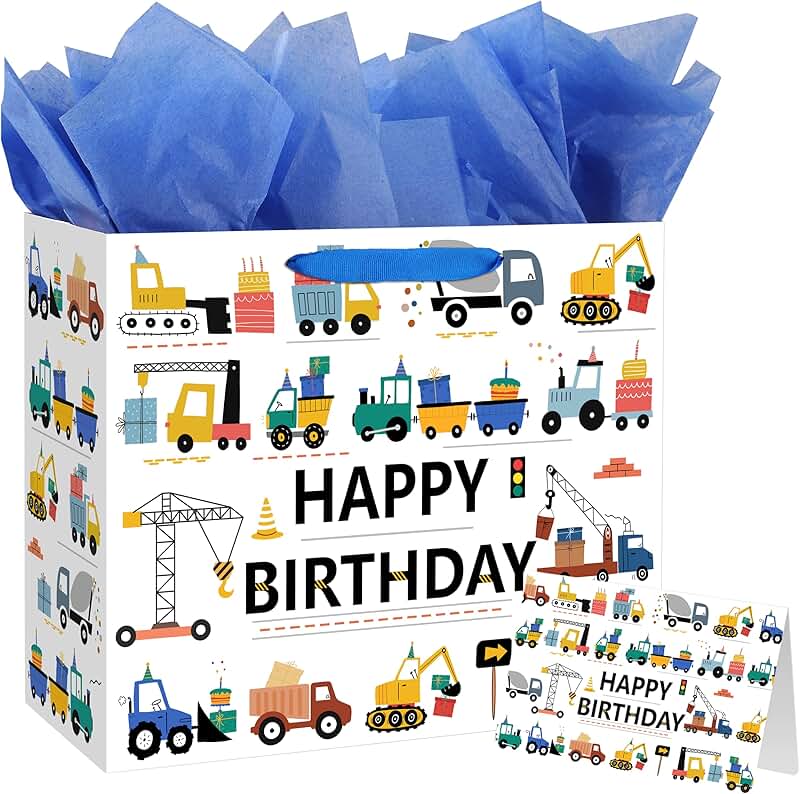 Construction-themed gift bag for boys with tissue and card