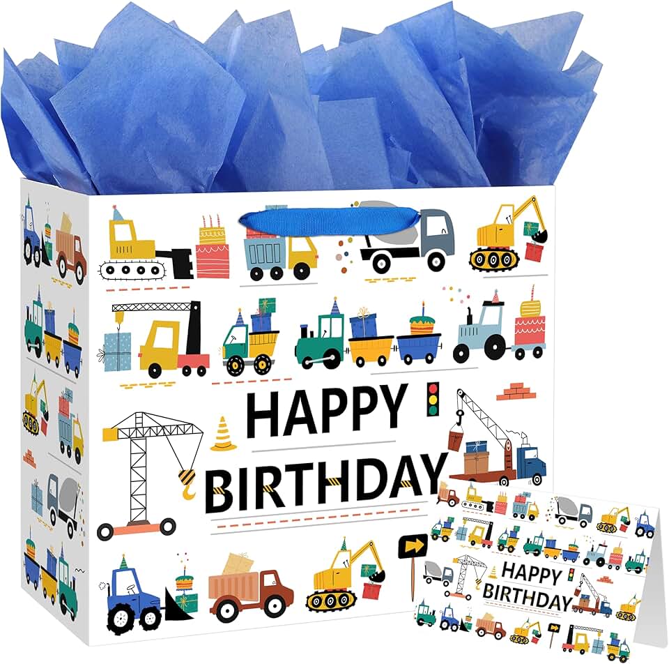 Construction-themed gift bag for boys with tissue and card