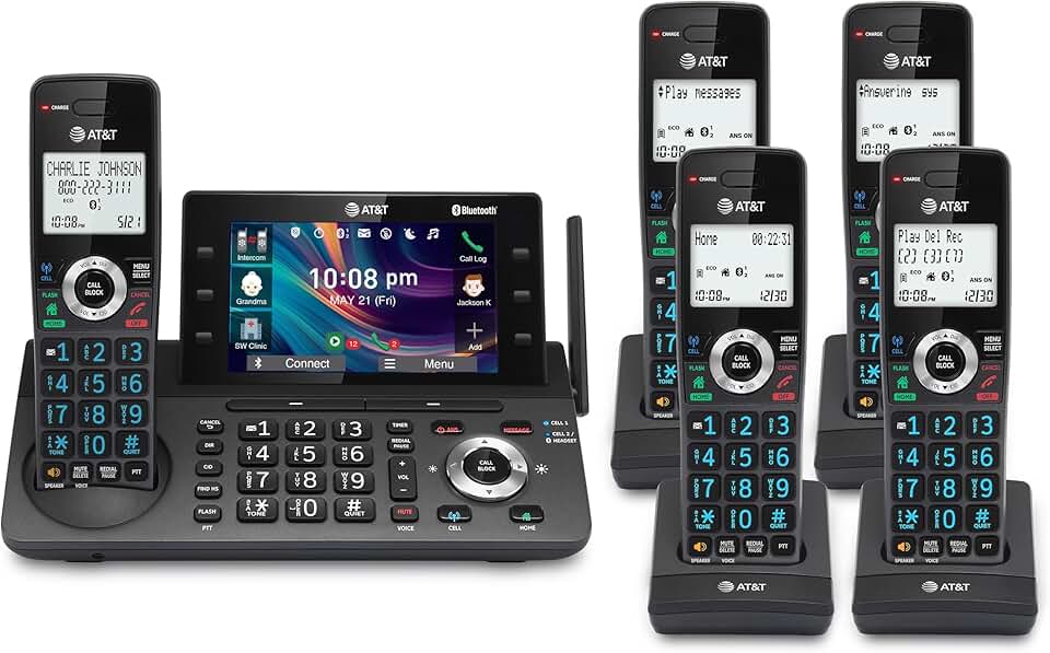 5-Handset Cordless Phone with Answering Machine and Bluetooth