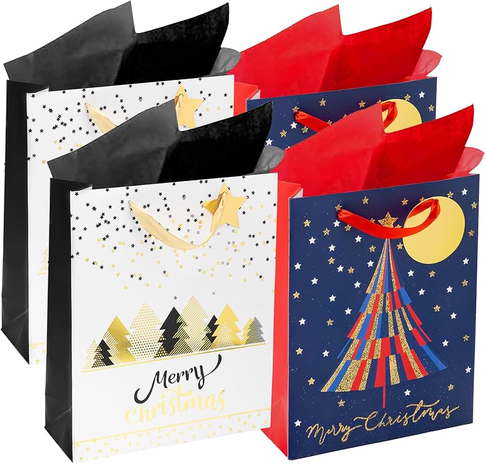 Medium Christmas Gift Bags with Handles, 4-Pack