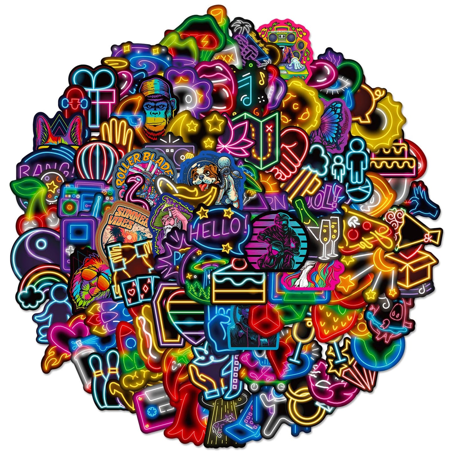 Neon Sticker Pack with 100 Waterproof Vinyl Decals