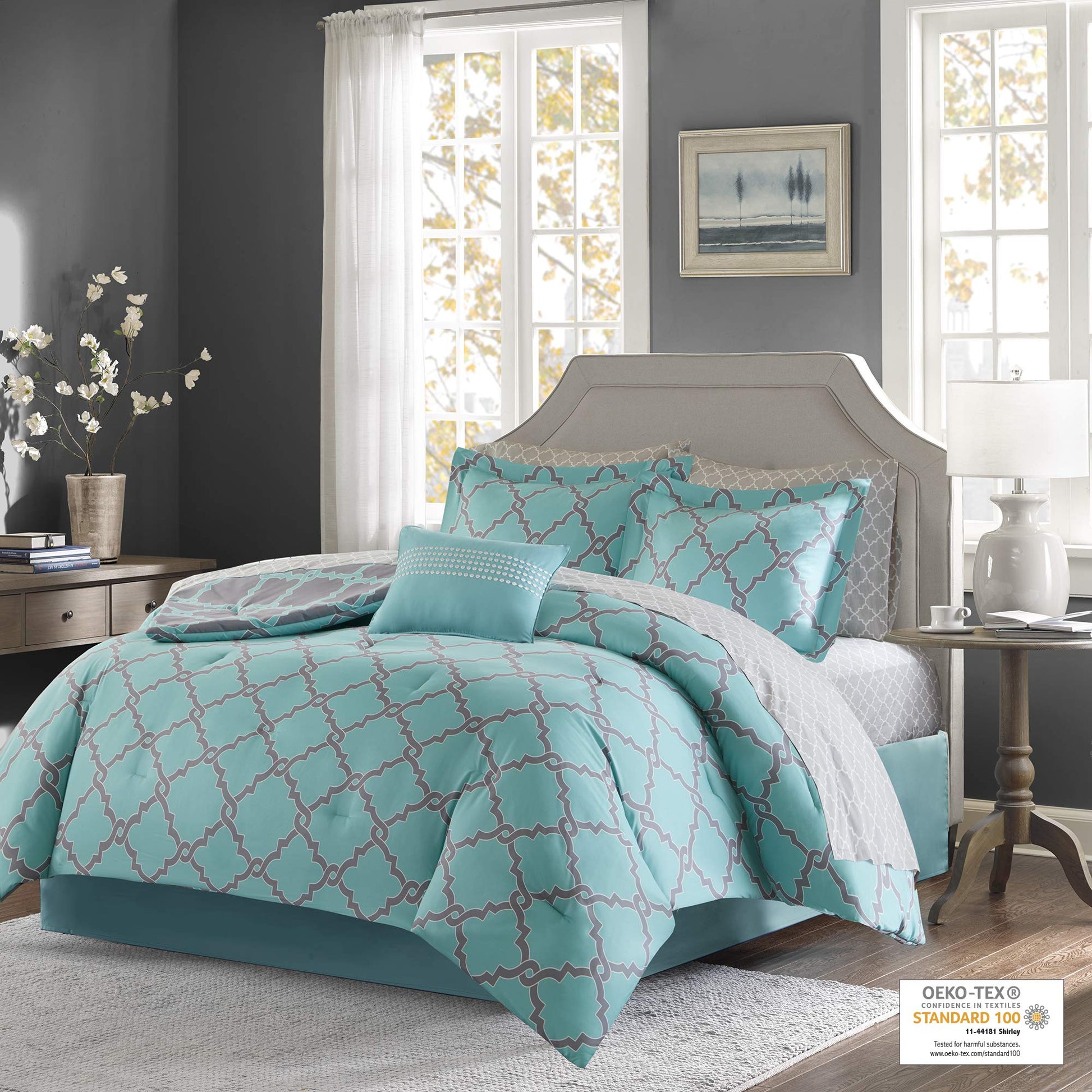 Essentials Merritt King Size Bed Comforter Set Bed in A Bag  Aqua Grey  Geometric  9 Pieces Bedding Sets  Ultra Soft Microfiber Bedroom Comforters