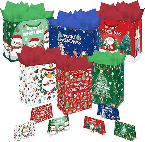 6 Christmas Gift Bags with Cards and Tissue Paper