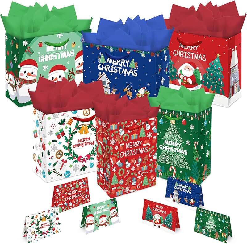 6 Christmas Gift Bags with Cards and Tissue Paper