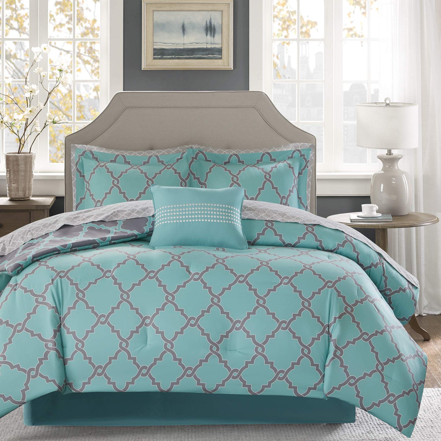 Essentials Merritt King Size Bed Comforter Set Bed in A Bag  Aqua Grey  Geometric  9 Pieces Bedding Sets  Ultra Soft Microfiber Bedroom Comforters
