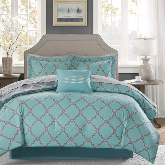 Essentials Merritt King Size Bed Comforter Set Bed in A Bag  Aqua Grey  Geometric  9 Pieces Bedding Sets  Ultra Soft Microfiber Bedroom Comforters