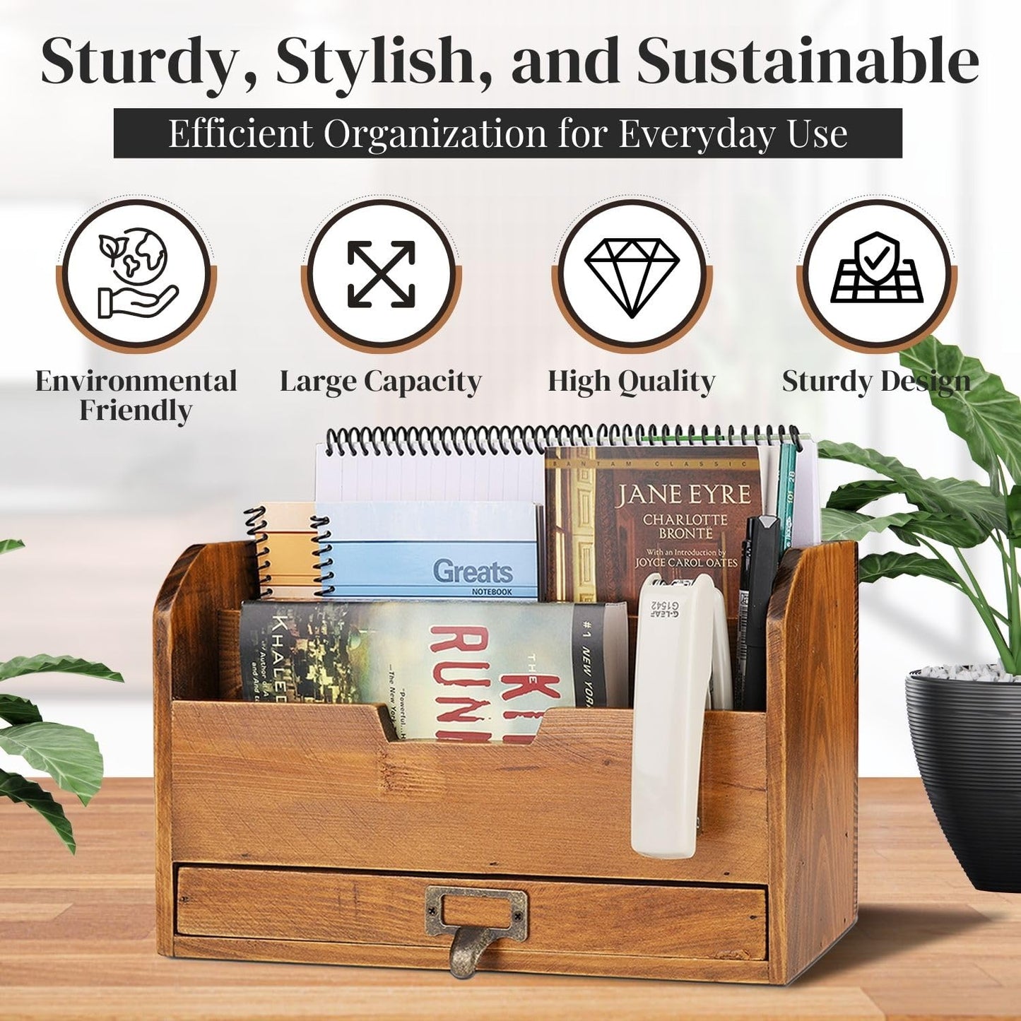 Three-Tier Wooden Desk Organizer with Storage Drawer