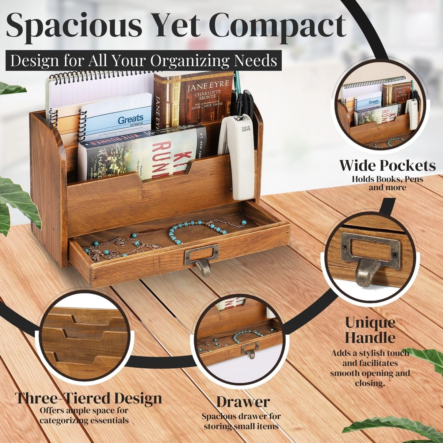 Three-Tier Wooden Desk Organizer with Storage Drawer