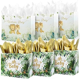 Six 13-inch reusable baby gift bags with tissue and card