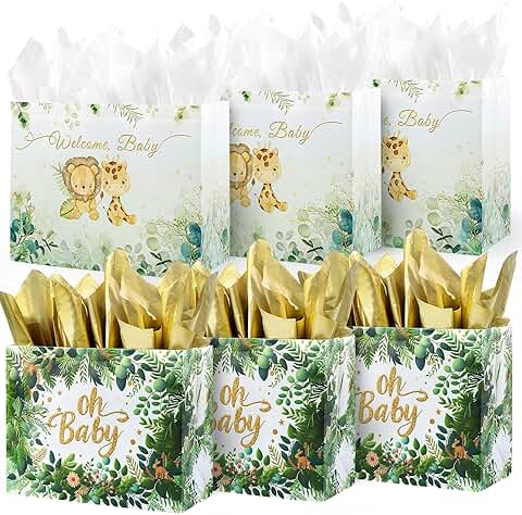 Six 13-inch reusable baby gift bags with tissue and card