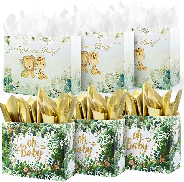 Six 13-inch reusable baby gift bags with tissue and card