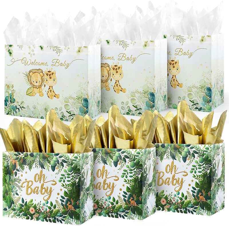 Six 13-inch reusable baby gift bags with tissue and card