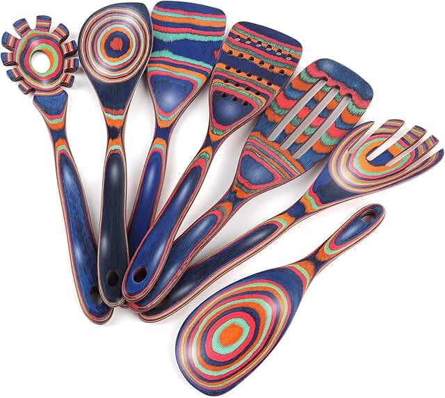 Set of 7 Wooden Cooking Spoons with Spatula and Ladle
