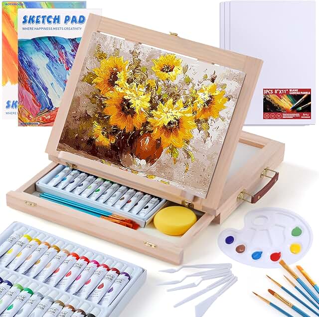 Wooden Tabletop Art Easel with Acrylic Paint Set