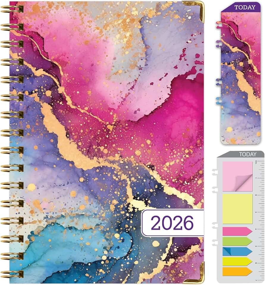 2026 Hardcover Planner, 5.5"x8", 14 Months, Rainbow Gold Marble