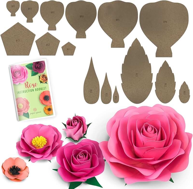 Paper flower template kit with roses and poppies