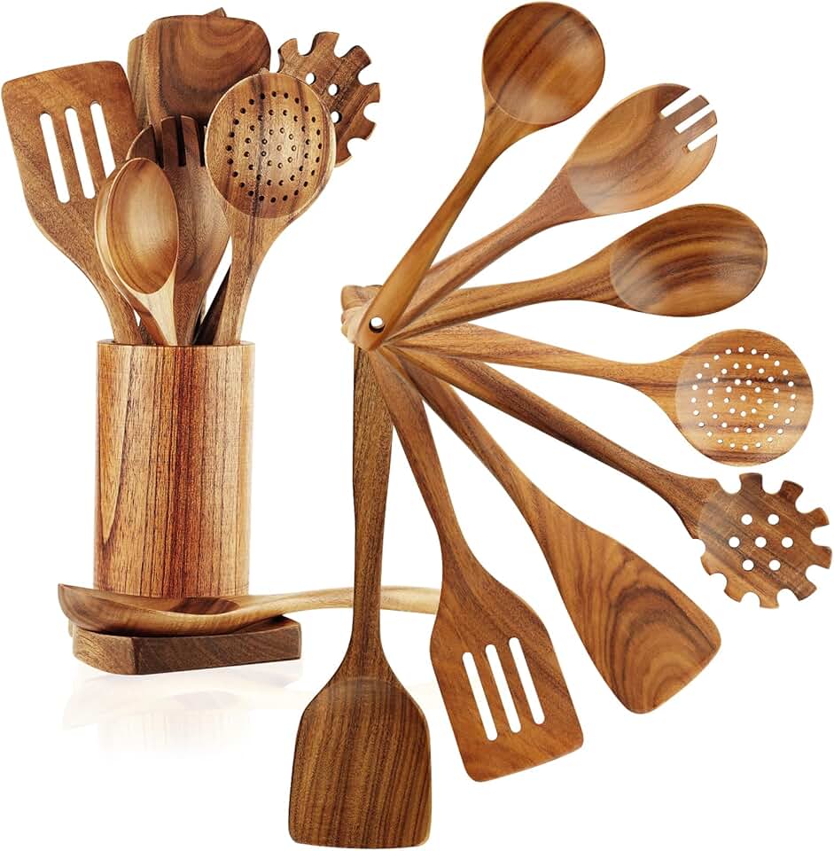 10-Piece Wooden Cooking Utensil Set with Holder