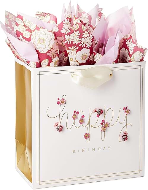 Pink Flower 7-Inch Birthday Gift Bag with Tissue