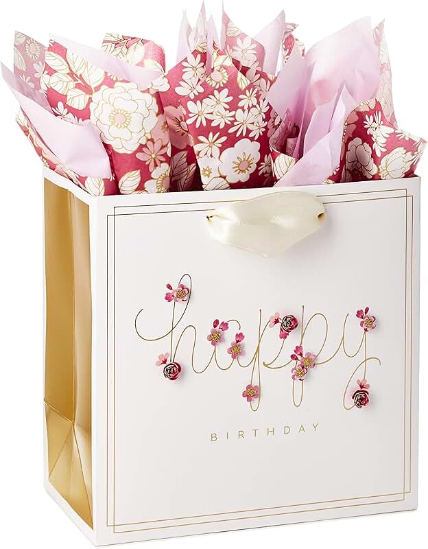 Pink Flower 7-Inch Birthday Gift Bag with Tissue