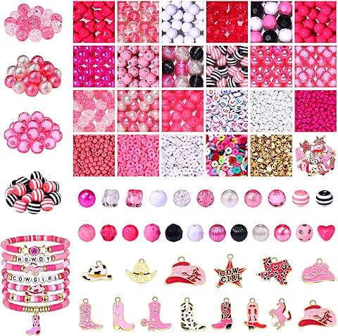 2000pcs Western Beads for Jewelry Making, Pink Clay, Pearl, Crystal, Cowboy Boot, Hat, Star, Pony Charms
