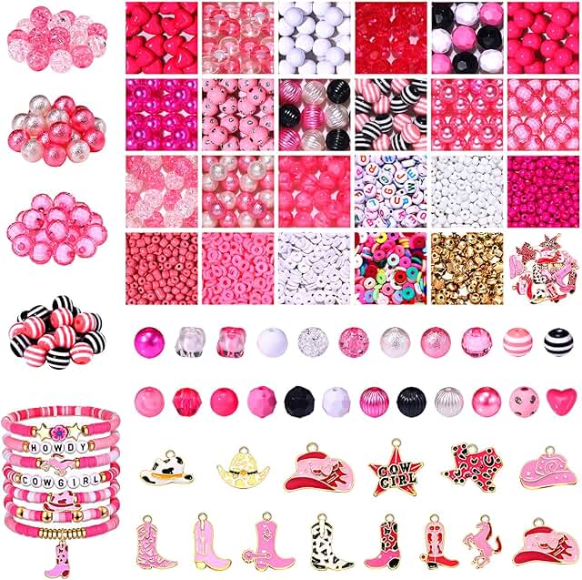 2000pcs Western Beads for Jewelry Making, Pink Clay, Pearl, Crystal, Cowboy Boot, Hat, Star, Pony Charms