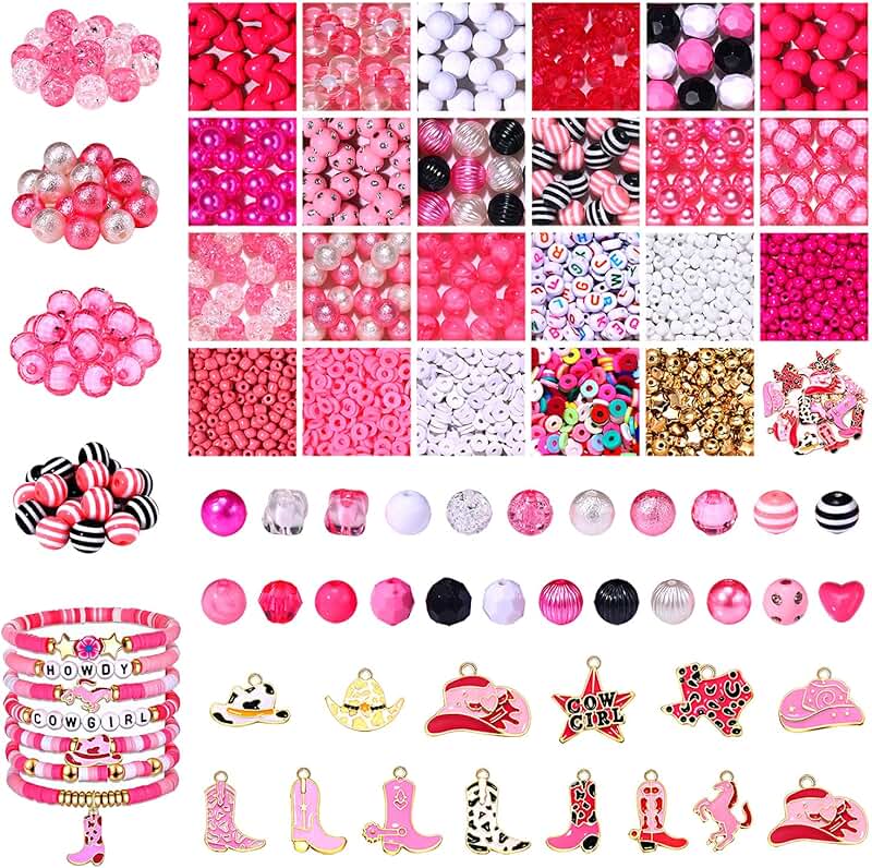 2000pcs Western Beads for Jewelry Making, Pink Clay, Pearl, Crystal, Cowboy Boot, Hat, Star, Pony Charms