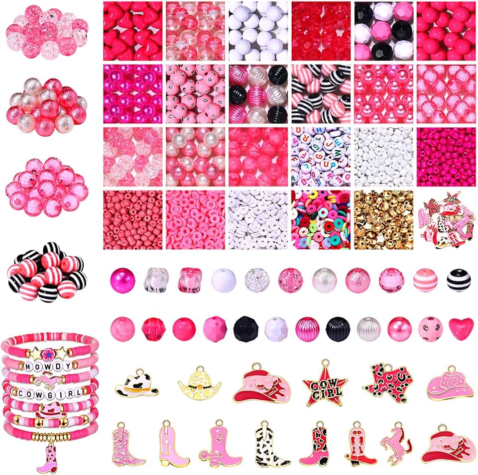 2000pcs Western Beads for Jewelry Making, Pink Clay, Pearl, Crystal, Cowboy Boot, Hat, Star, Pony Charms