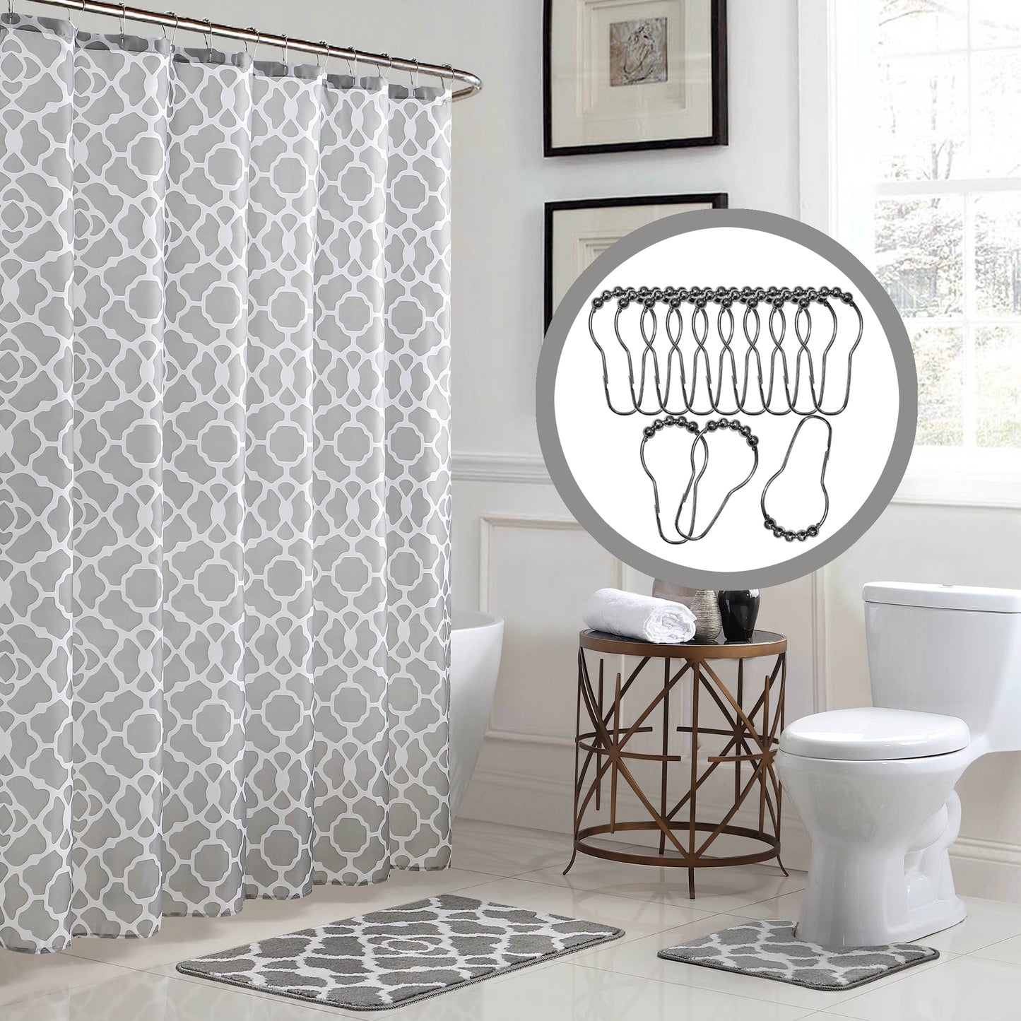 Bath Shower Curtain Set, 72"x72", Elsa Light Grey/White
