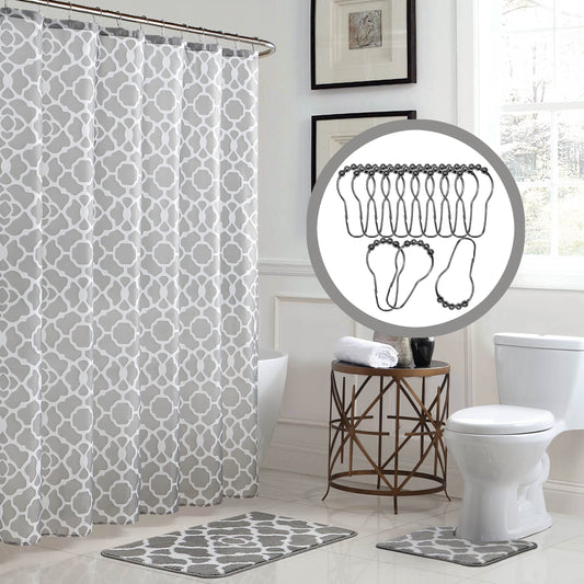 Bath Shower Curtain Set, 72"x72", Elsa Light Grey/White