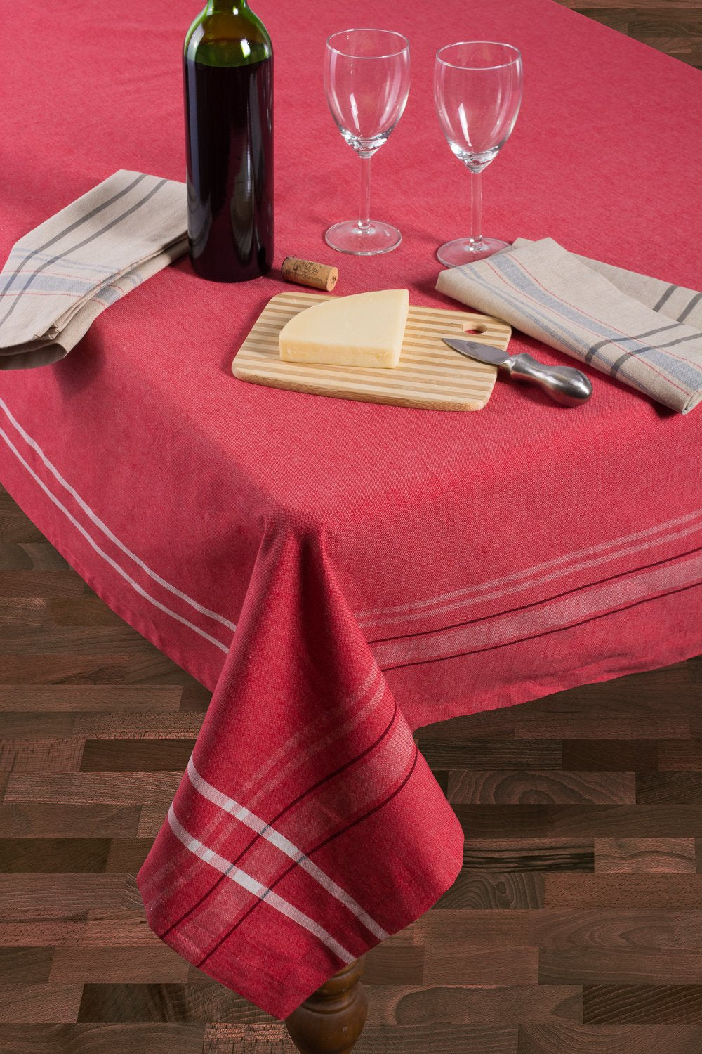 French Stripe Tabletop Farmhouse Style Dining Table Linen Tablecloth, 60x84, Red Chambray
